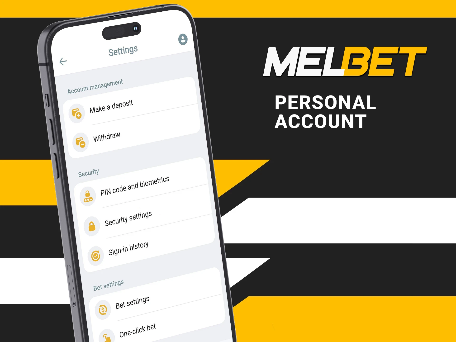 Control your user profile and settings in Melbet account.