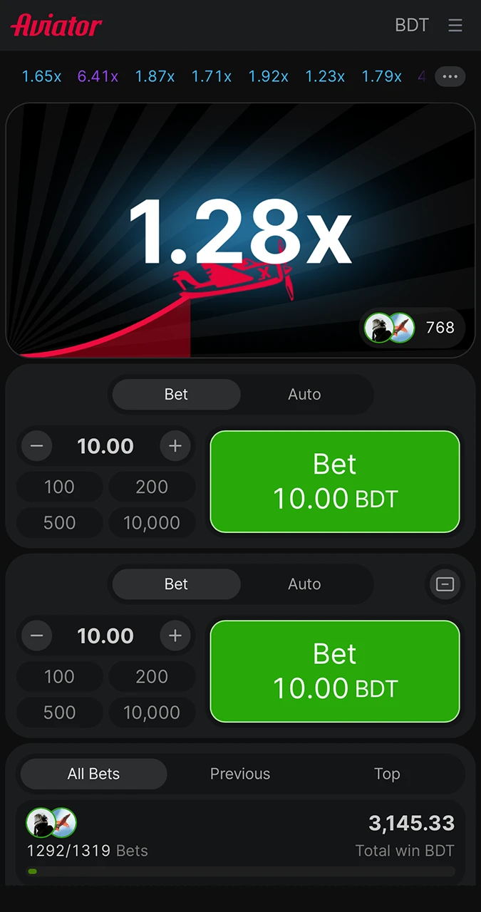 Home page in the Aviator game on the Melbet platform.