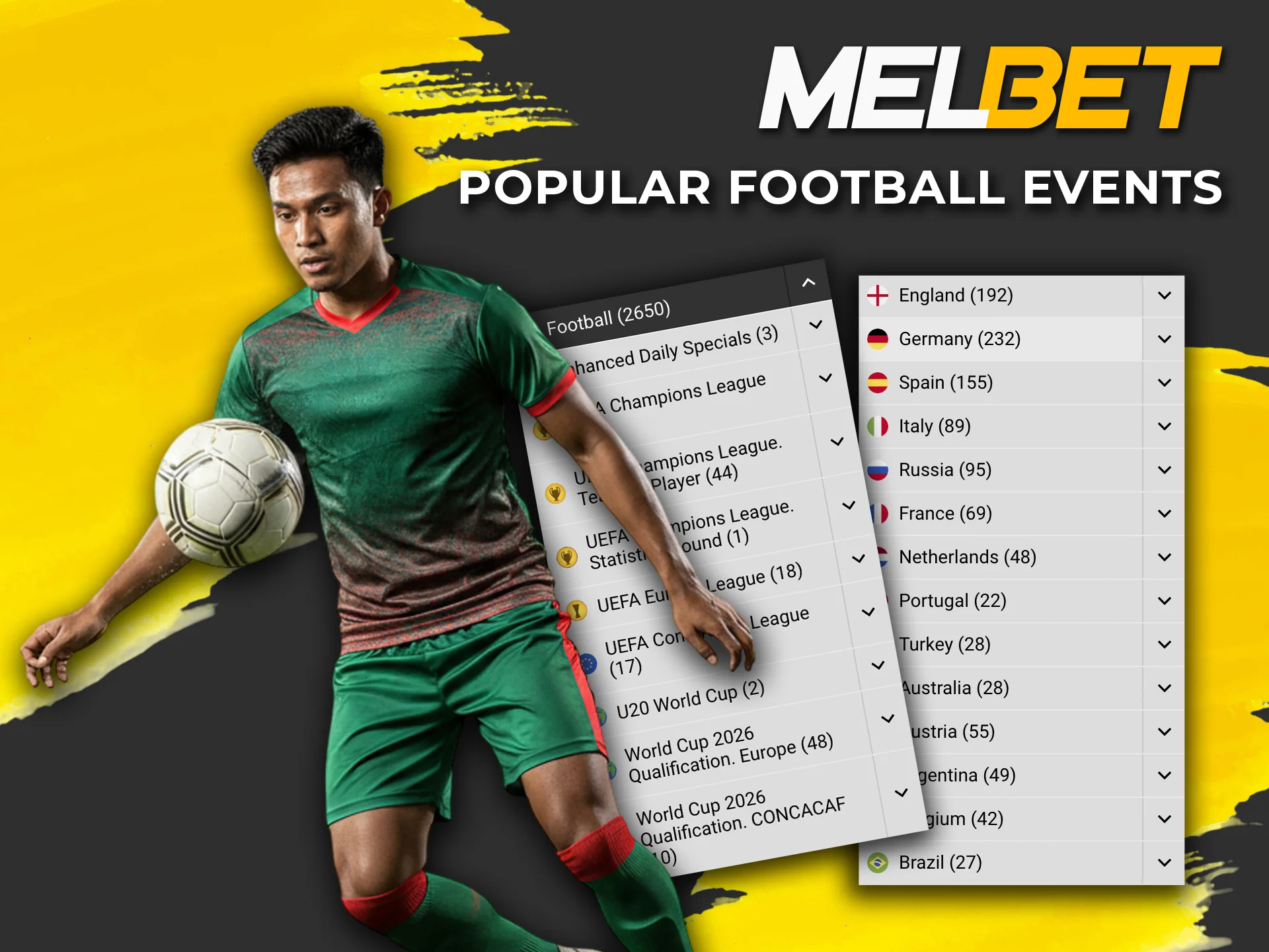 Find out about the main and most profitable football tournaments on which you can place your bets on the Melbet website.