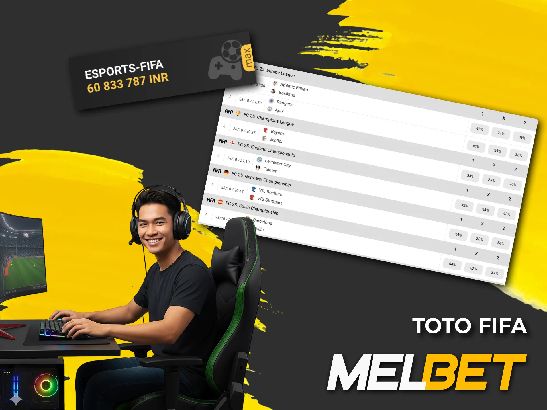 Bet on FIFA TOTO on Melbet and get a win based on the number of correctly guessed results.