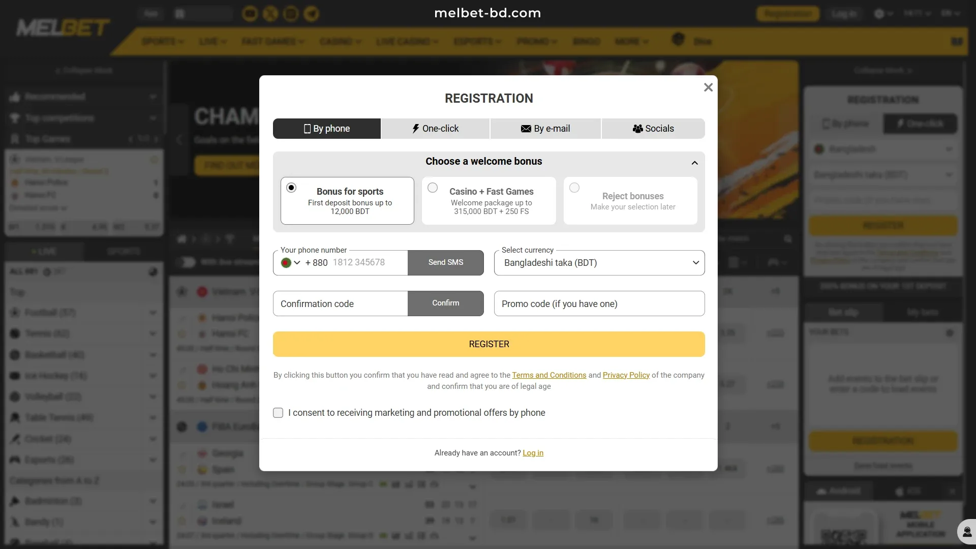 Create an account on the Melbet official platform.